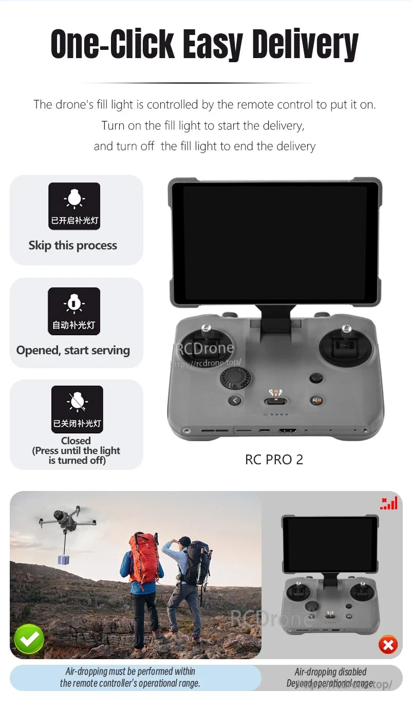 STARTRC Drone Airdrop, The drone’s fill light on RC PRO 2 enables one-click delivery within range—green checkmark for valid, red cross for out-of-range attempts.