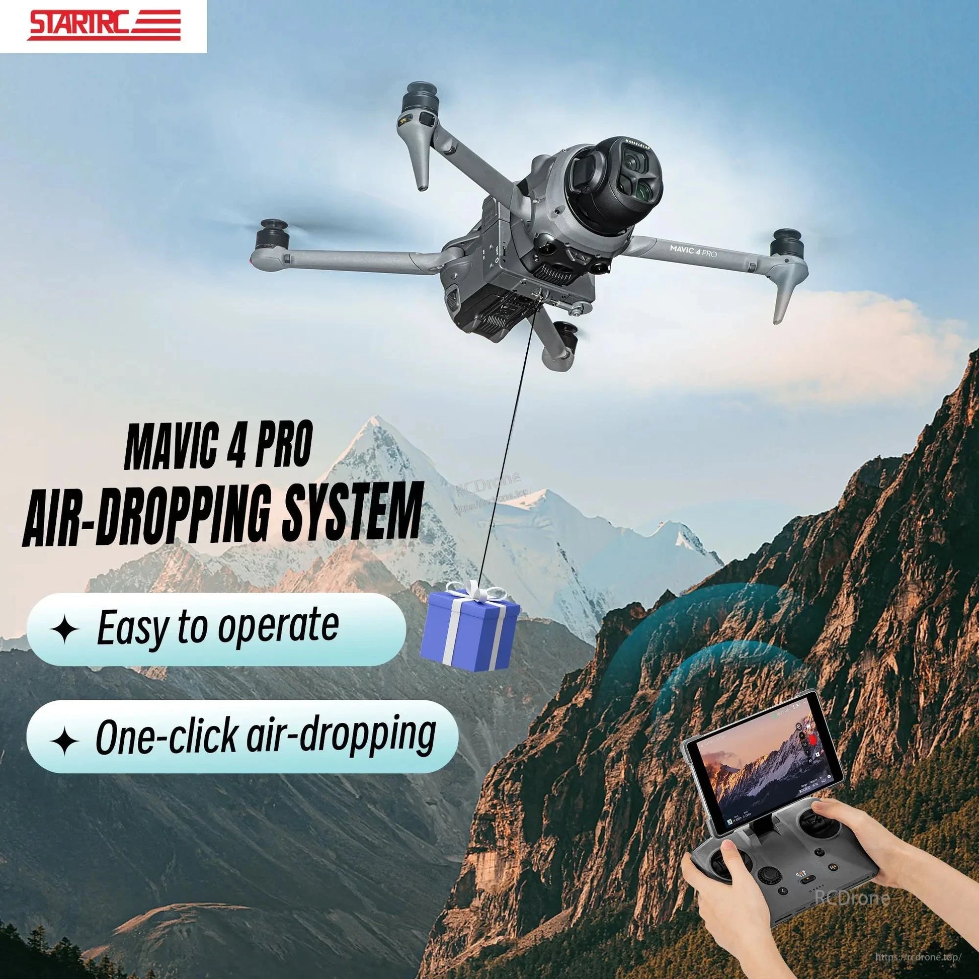 The STARTRC Drone Airdrop System Thrower is a photosensitive dispenser that can carry 480g loads with a 50mAh battery and Type-C connectivity.