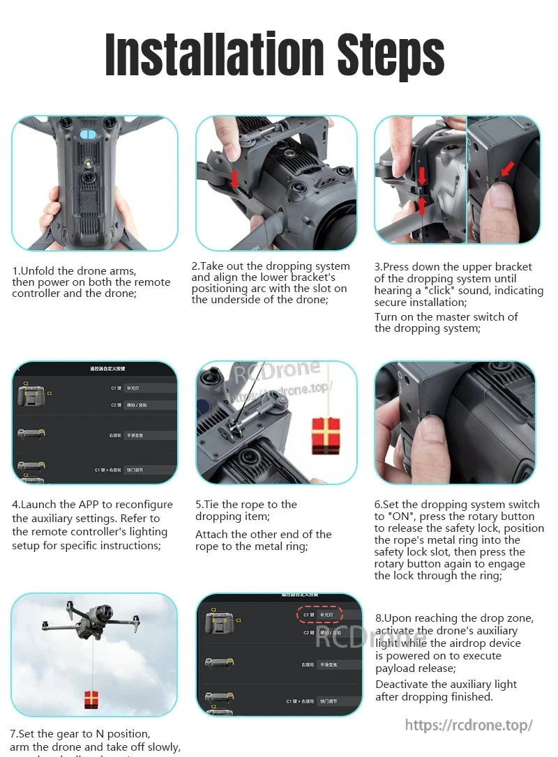 STARTRC Drone Airdrop, Unfold arms, power on, install drop system, configure app, attach rope, set switch, launch drone, activate light to release payload, then deactivate.