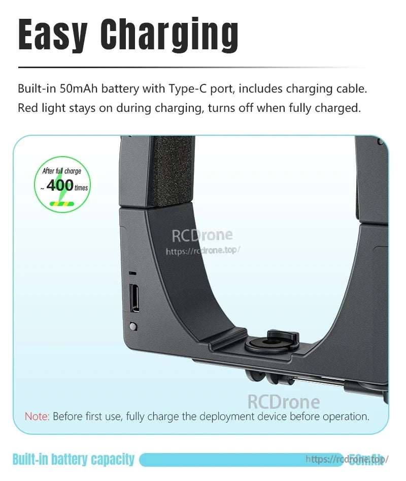 STARTRC Drone Airdrop, Charges easily via Type-C; 50mAh battery lasts up to 400 uses. Red light shows charging status. Fully charge before first use.