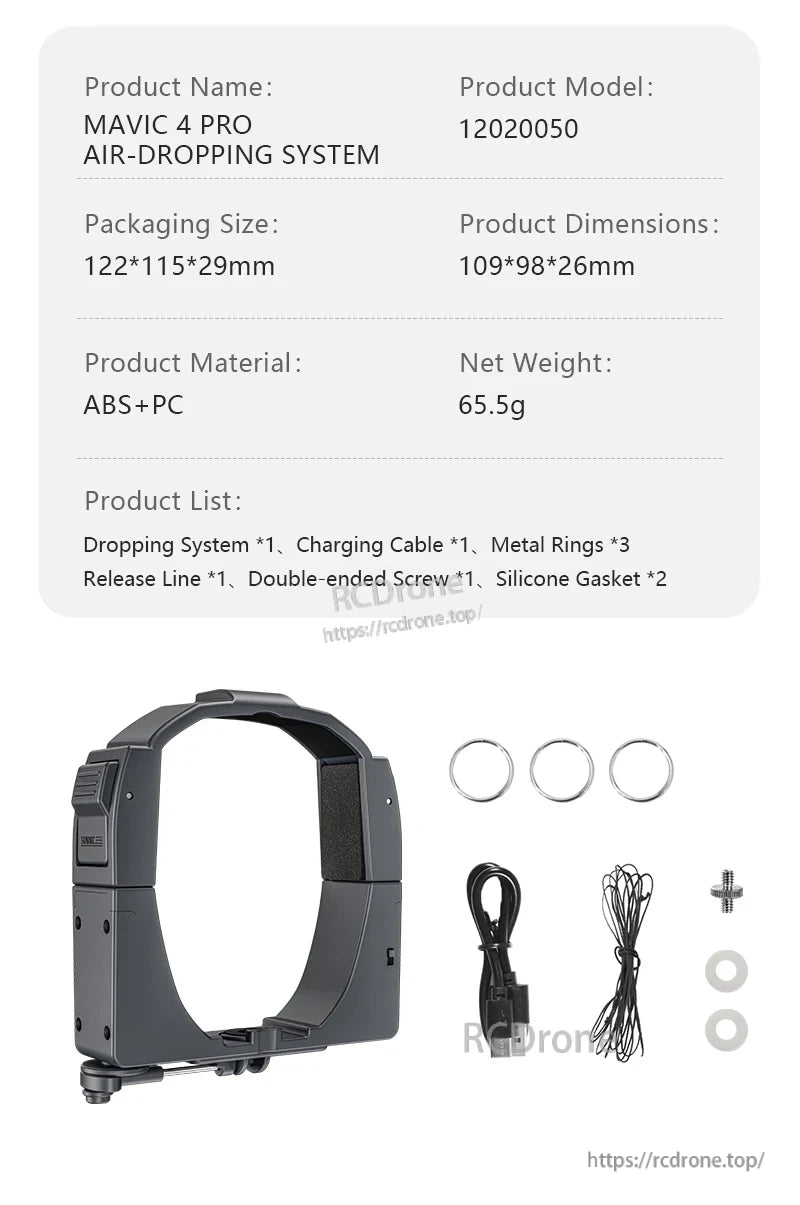 STARTRC Drone Airdrop, MAVIC 4 PRO air-dropping system (12020050), ABS+PC, 65.5g, includes accessories; compact, durable drone airdrop solution with charging cable, metal rings, screw, gaskets, and release line.