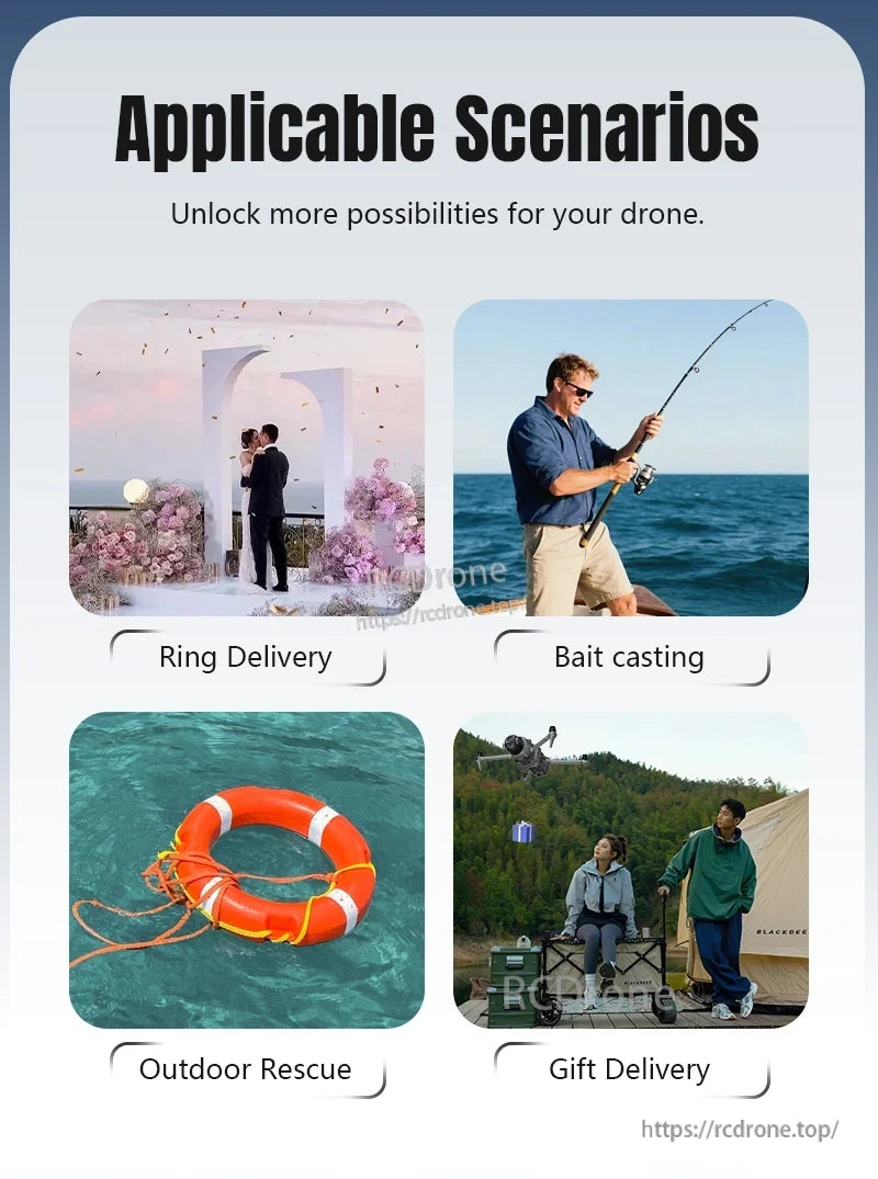 STARTRC Drone Airdrop supports ring delivery, bait casting, rescue missions, and gift drops, enhancing drone utility across various outdoor applications.