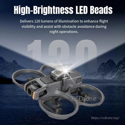 High-brightness LED beads provide 120 lumens, improving night flight visibility and obstacle avoidance.