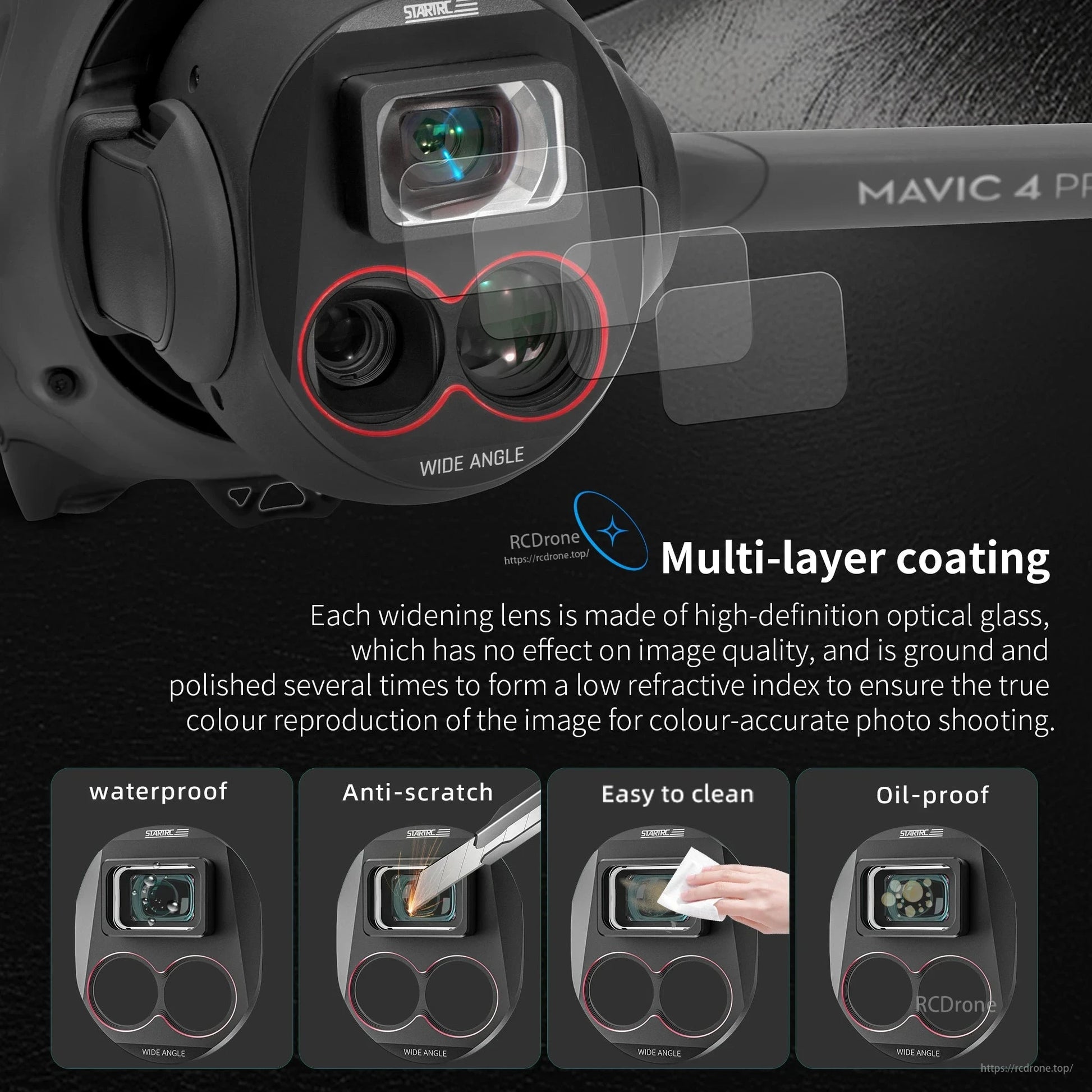 The STARTRC Drone Camera Lens Filter for DJI Mavic 4 Pro features a wide-angle view, anti-scratch coating, and high-definition optical glass.