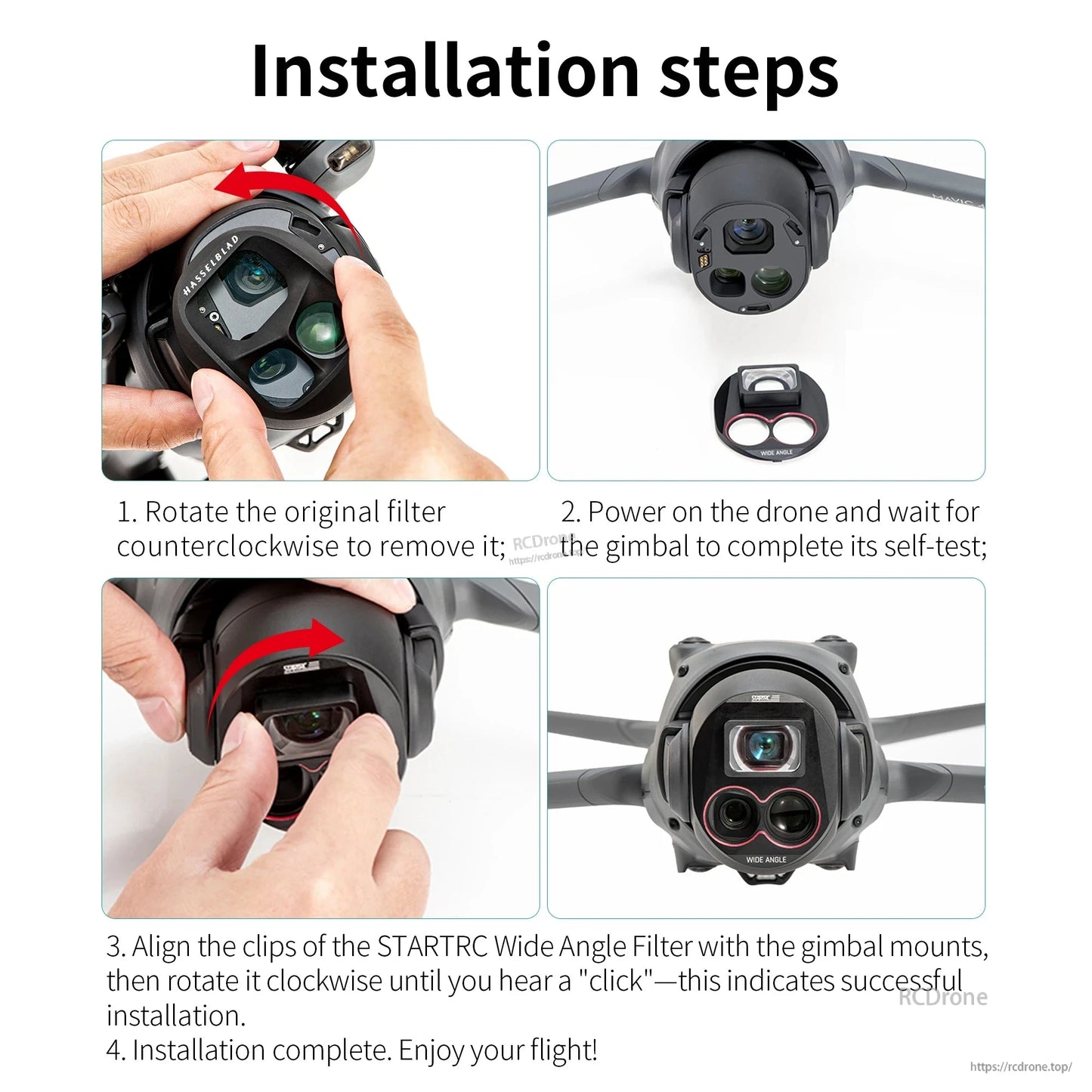STARTRC Drone Camera Lens Filter, Install STARTRC wide-angle filter by removing original, aligning clips with gimbal, rotating clockwise until clicked. Offers 110° view, anti-scratch, 14.5g, fits DJI Mavic 4 Pro.