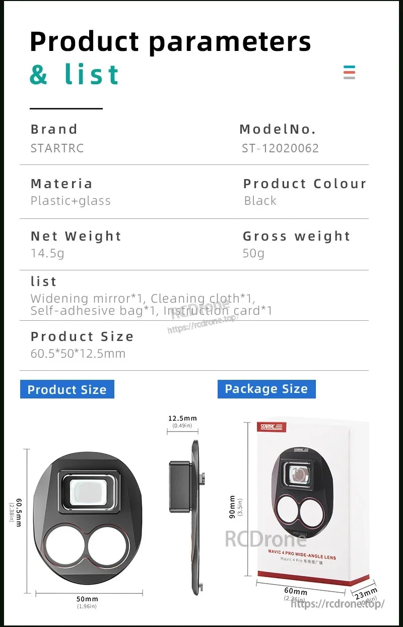 STARTRC Drone Camera Lens Filter, STARTRC Mavic 4 Pro wide-angle lens, 14.5g, black plastic/glass. Includes mirror, cloth, adhesive bag, instructions. Dimensions: 60.5×50×12.5mm; package: 90×60×23mm.