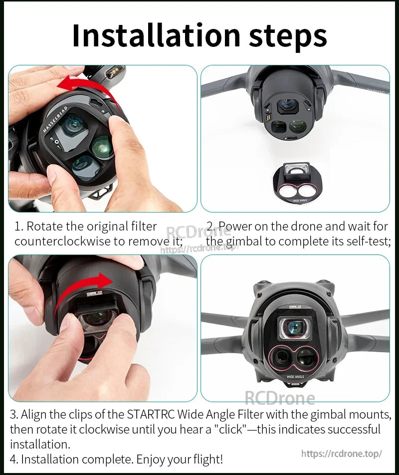 STARTRC Drone Camera Lens Filter, Remove old filter, power on drone, align clips with gimbal, rotate clockwise until click. Installation done. Enjoy flying with your STARTRC wide angle filter.