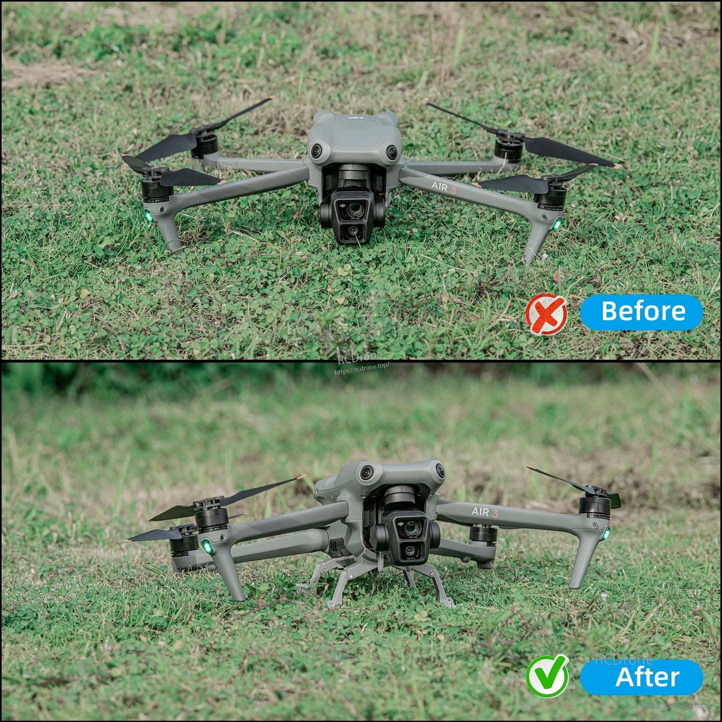 Foldable landing gear and propeller guard enhance DJI Air 3 stability and protection, shown before and after installation. (18 words)