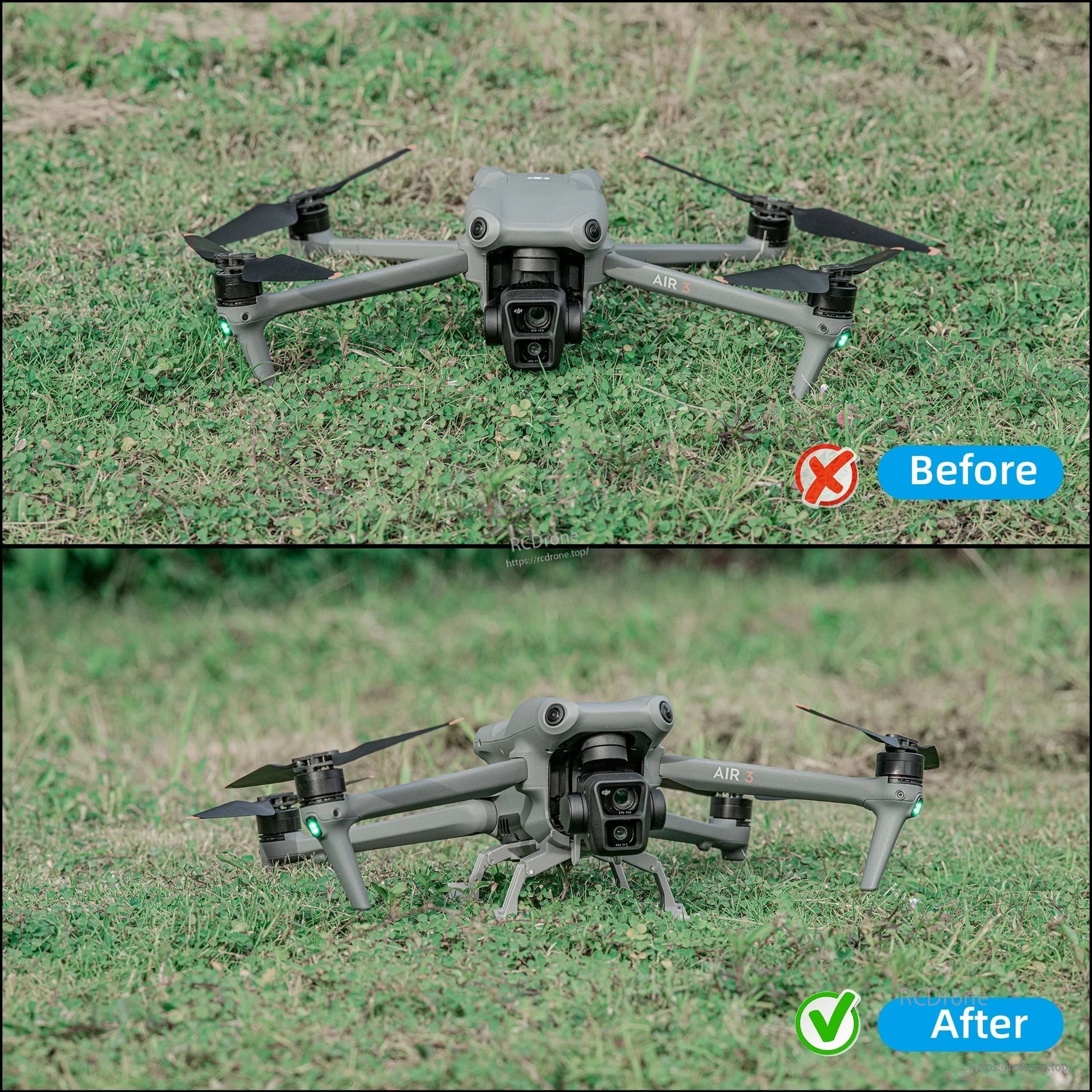 Foldable landing gear and propeller guard enhance DJI Air 3 stability and protection, shown before and after installation. (18 words)