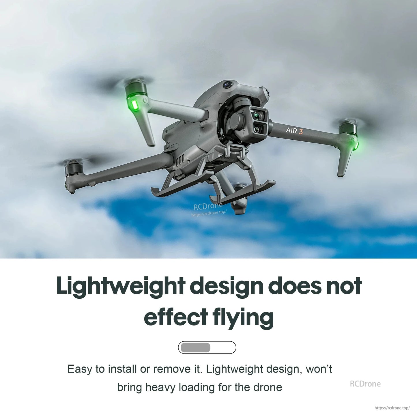 The lightweight design does not impact flying performance and is easy to install/remove, preventing heavy loading on the drone.