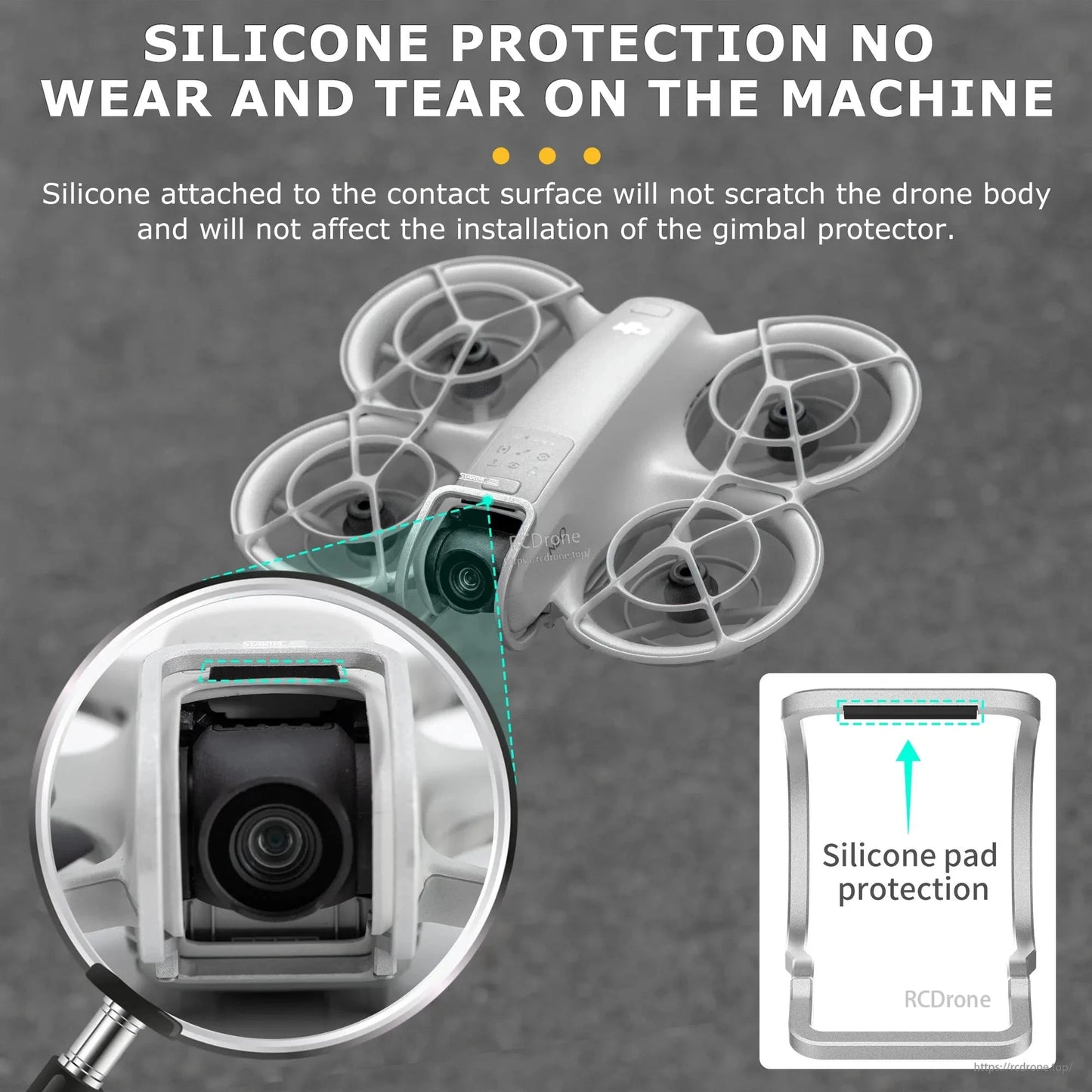 Silicone protection prevents drone wear, safeguards body, and allows scratch-free gimbal protector installation.