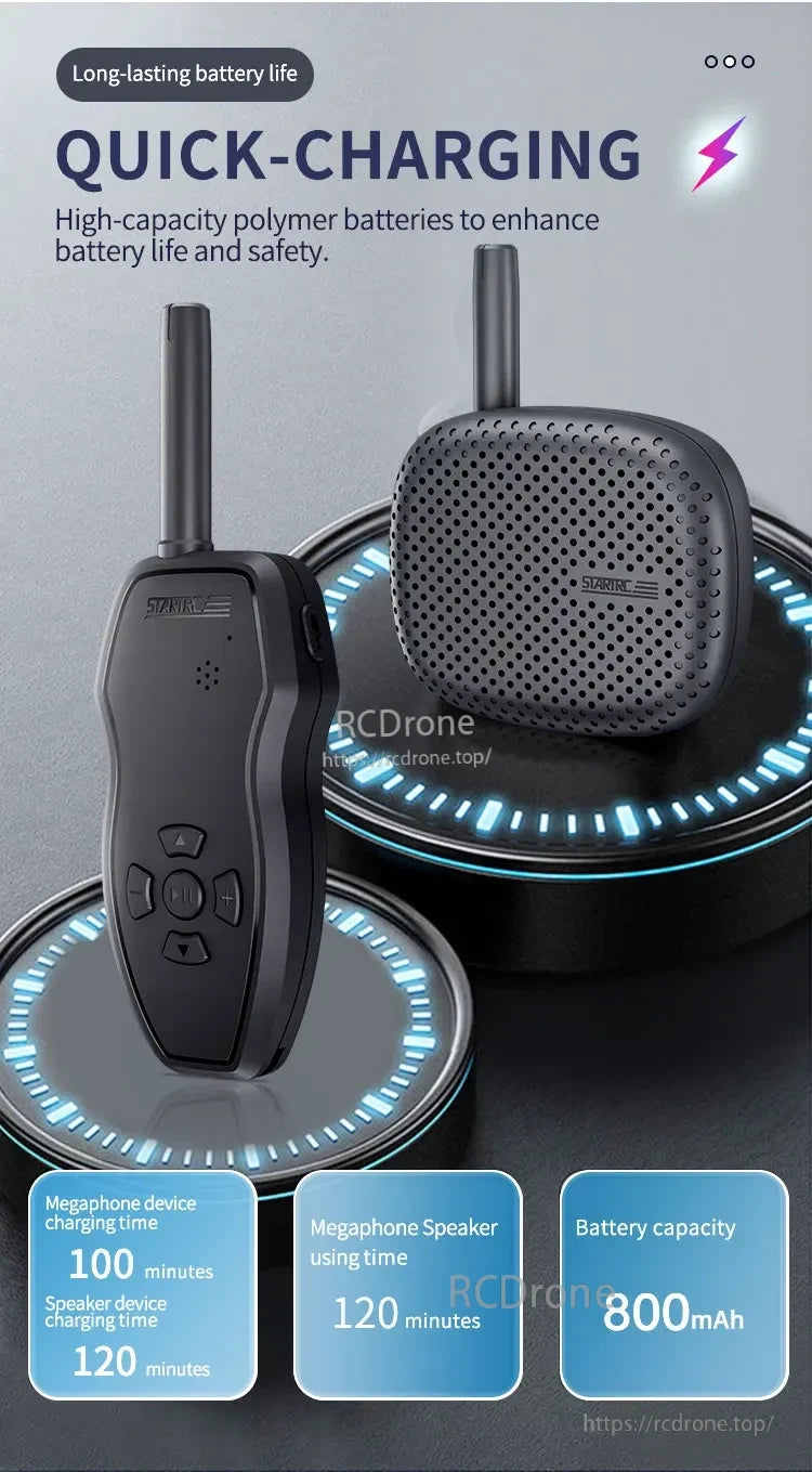 STARTRC Drone Speaker, Quick-charging megaphone with 800mAh battery charges in 100 minutes, lasts 120 minutes, featuring high-capacity polymer for durability and safety.