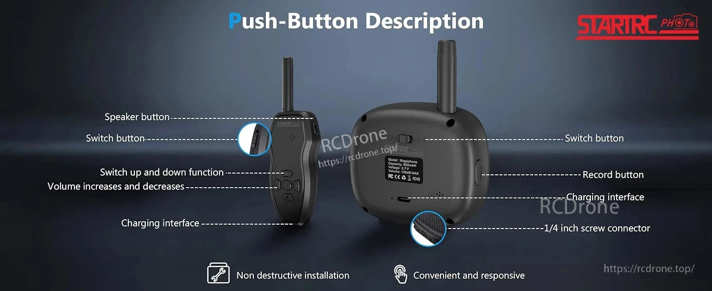 STARTRC Drone Speaker, Compact wireless megaphone with speaker, controls, record, charging port, and screw connector. Enables easy, non-destructive installation and reliable outdoor performance.
