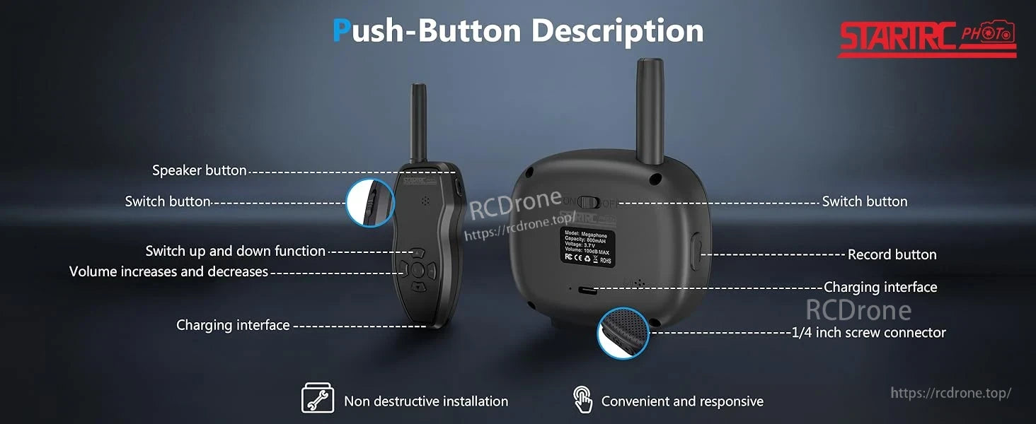 The STARTRC drone speaker features a speaker, switch, volume control, record function, charging port, and 1/4" screw connector for non-destructive, responsive installation. (24 words)