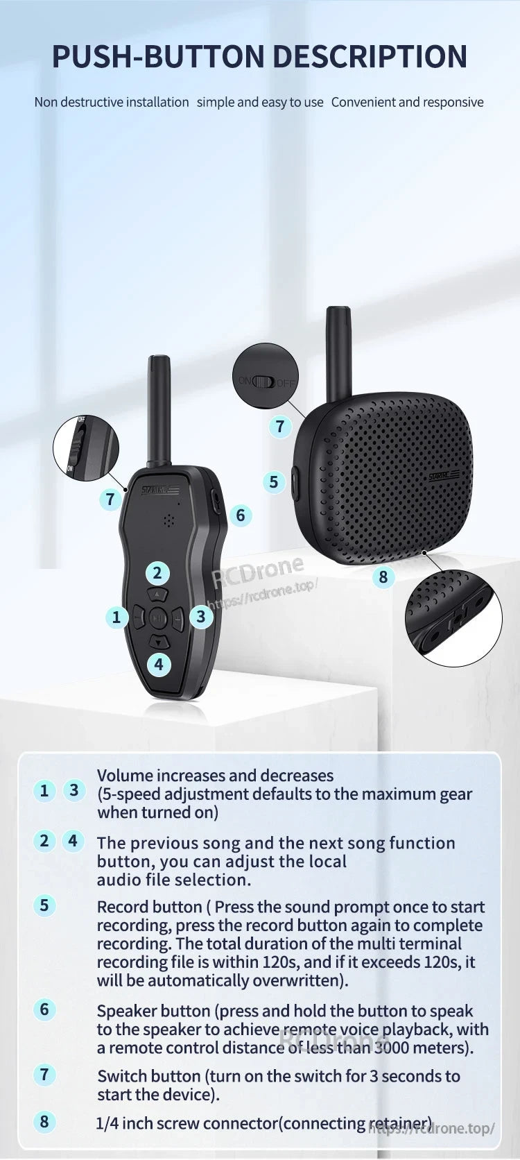The STARTRC Drone Speaker has a push-button design with easy-to-use controls and multiple functions for music and recording.