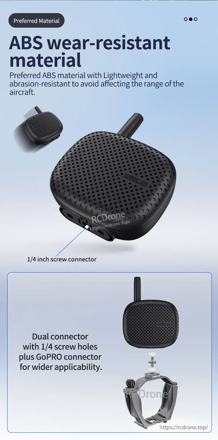 STARTRC Drone Speaker, Lightweight, abrasion-resistant ABS material with 1/4" screw and dual GoPRO-compatible connectors for versatile use.