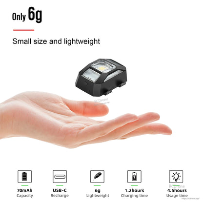STARTRC Drone Strobe Flashing Light, Ultra-light 6g strobe light with 70mAh battery, USB-C charging (1.2 hours), 4.5-hour runtime, compact design, three lighting modes.
