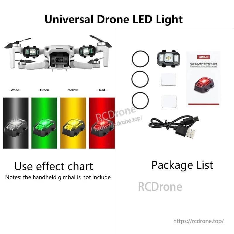 STARTRC Drone Strobe Flashing Light, Universal drone LED light with white, green, yellow, red modes; includes USB-C cable, mounting rings, stickers, and manual.