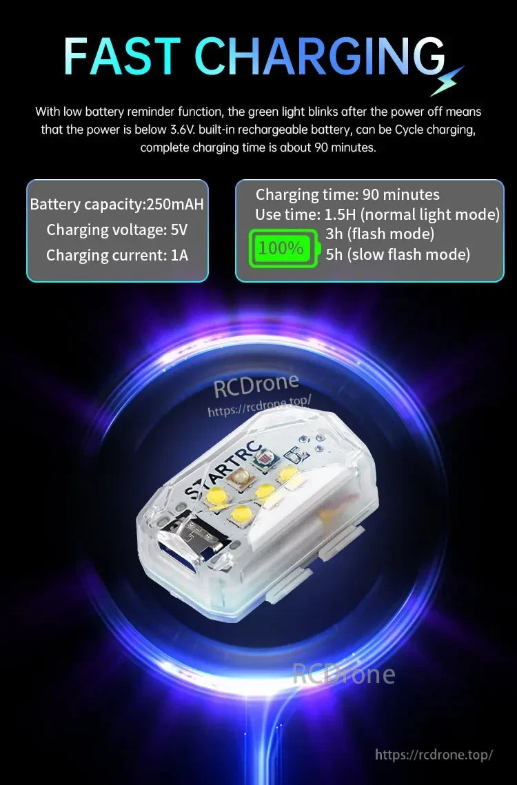 STARTRC Drone Strobe Flashing Light, Fast charging in 90 minutes; low battery reminder at 3.6V. 250mAh battery offers 1.5–5 hours usage. STARTRC logo visible. Charging: 5V/1A.