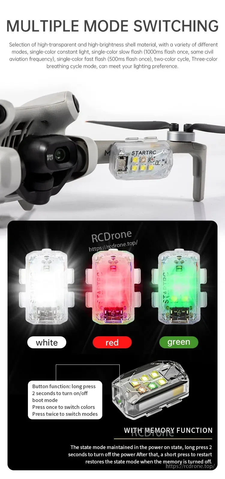 STARTRC Drone Strobe Flashing Light, Choose from constant, flash, color cycle, or breathing modes in white, red, or green. Features memory function; control via single, double, or long press.