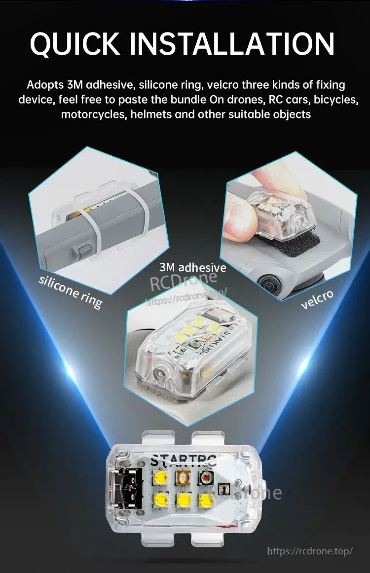 STARTRC Drone Strobe Flashing Light, Quick installation with 3M adhesive, silicone ring, and Velcro; fits drones, RC cars, bikes, motorcycles, helmets, and more.