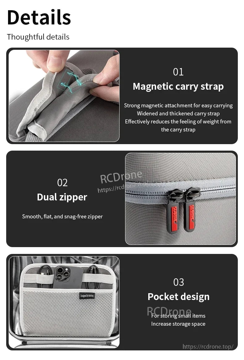 STARTRC Dual Drone Storage Bag, Magnetic carry strap with dual zippers and pockets; strong magnetic attachment, smooth operation, and organized storage for drones.