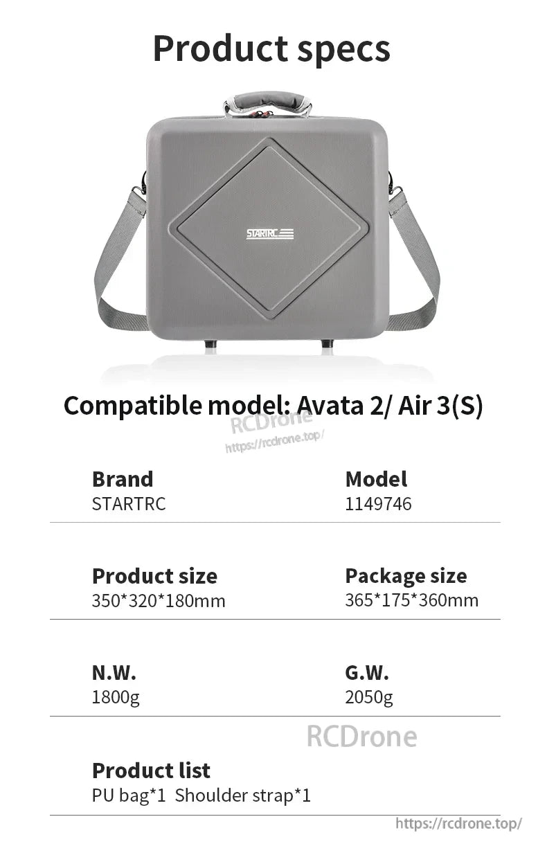 STARTRC Dual Drone Storage Bag (1149746) fits Avata 2/Air 3(S), 350×320×180mm, includes PU bag and strap, weighs 1800g.