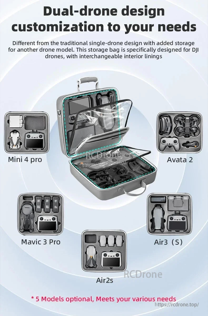 STARTRC Dual Drone Storage Bag, Dual-drone bag with customizable interior; fits Mini 4 Pro, Avata 2, Mavic 3 Pro, Air 3 (S), Air 2s; five models available for diverse needs.