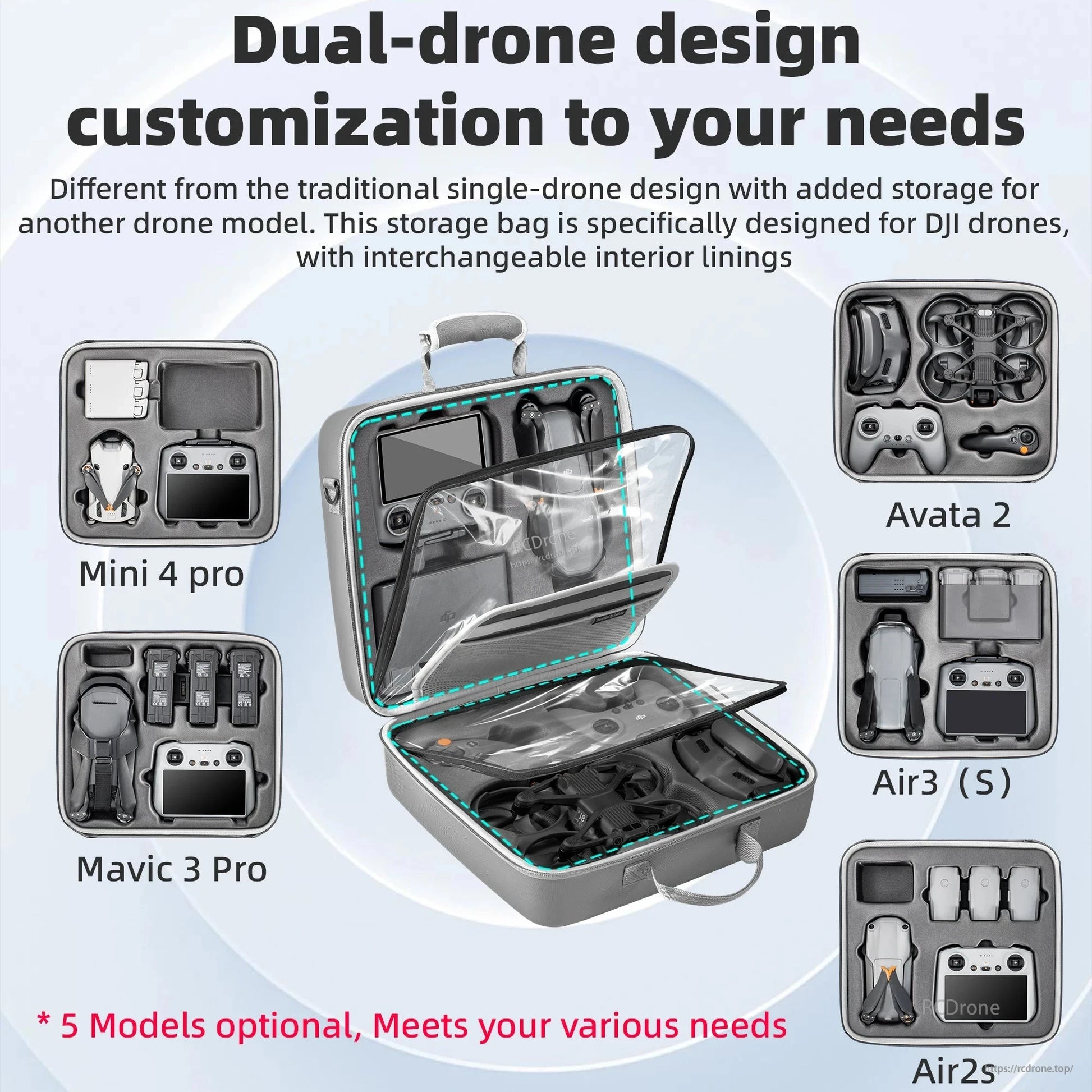 STARTRC Dual Drone Storage Bag, Dual-drone design customization to meet your needs. This storage bag is specifically designed for DJI drones, with interchangeable interior linings for Avata 2, Mini 4 Pro, Air 3/3S and Mavic 3 Pro. Optional.