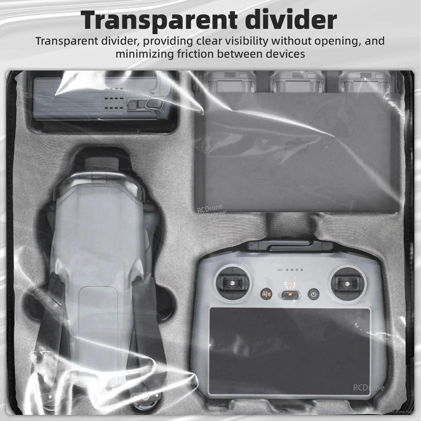 STARTRC Dual Drone Storage Bag, A transparent divider that maintains visibility without opening, featuring a sturdy 7.9cm aluminum rod for drone storage support.
