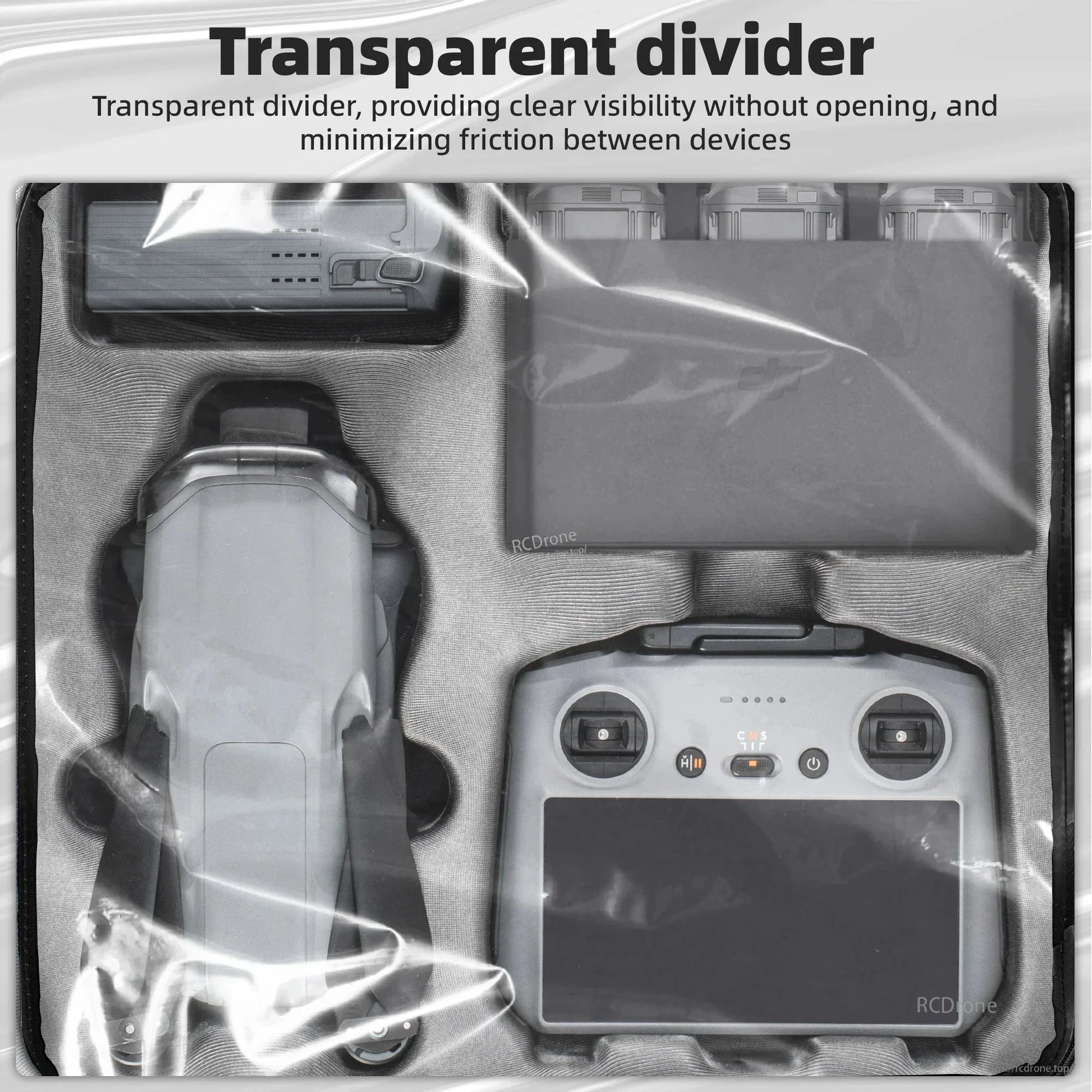 STARTRC Dual Drone Storage Bag, A transparent divider that maintains visibility without opening, featuring a sturdy 7.9cm aluminum rod for drone storage support.