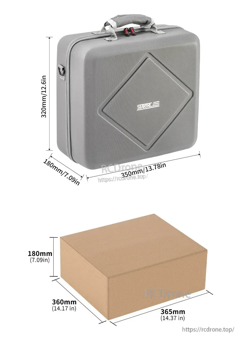 STARTRC dual drone storage bag measures 350x180x320mm, packaged in a 365x360x180mm box for safe transport and protection.