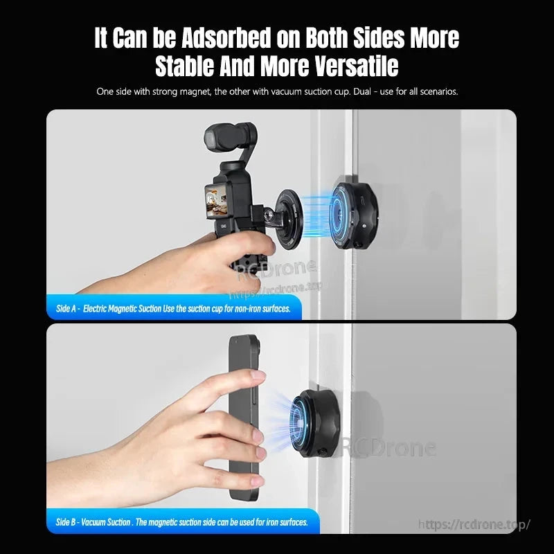 Dual-use mount with magnetic and vacuum suction for secure, versatile attachment of action cameras on iron and non-iron surfaces, ideal for reliable mounting in diverse scenarios.