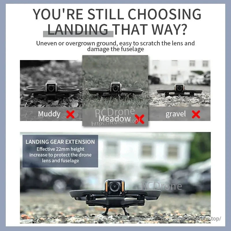 STARTRC Foldable Landing Gear, Landing gear extends 22mm, protecting DJI Avata 2’s lens and fuselage on rough terrain. Features quick-release skids, ABS+PC material, and lightweight design.