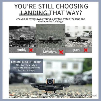 STARTRC Foldable Landing Gear, Landing gear extends 22mm, protecting DJI Avata 2’s lens and fuselage on rough terrain. Features quick-release skids, ABS+PC material, and lightweight design.