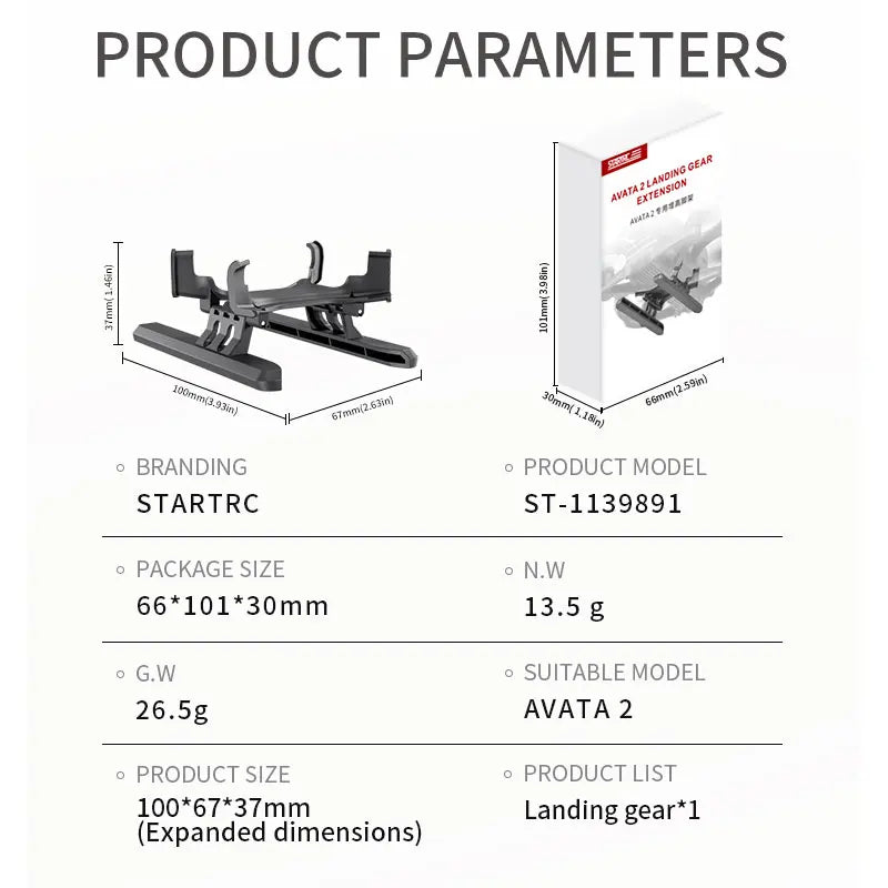 STARTRC Foldable Landing Gear, STARTRC ST-1139891 foldable landing gear for AVATA 2, 13.5g net weight, 100×67×37mm; includes one piece. Package: 66×101×30mm, 26.5g gross weight.