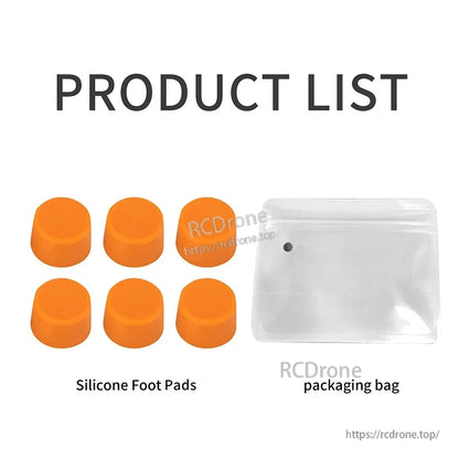 Six orange silicone foot pads and a packaging bag for drone landing gear protection.