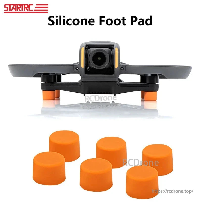 STARTRC silicone foot pads elevate DJI Avata 2 with 10mm height, offering protection during takeoff and landing. Lightweight (2.2g each), durable, and sold in 6-packs.
