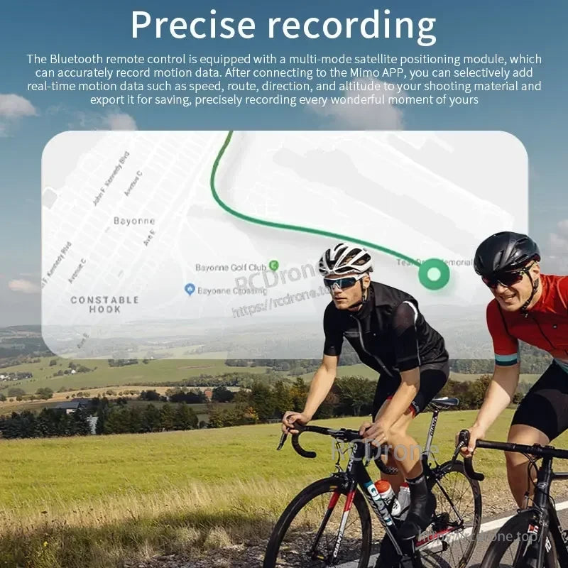 STARTRC GPS Bluetooth Wireless Remote Controller, Multi-mode GPS tracks motion data, syncing with Mimo APP to record speed, route, direction, and altitude, displayed on a map showing cycling navigation near Bayonne and Constable Hook.