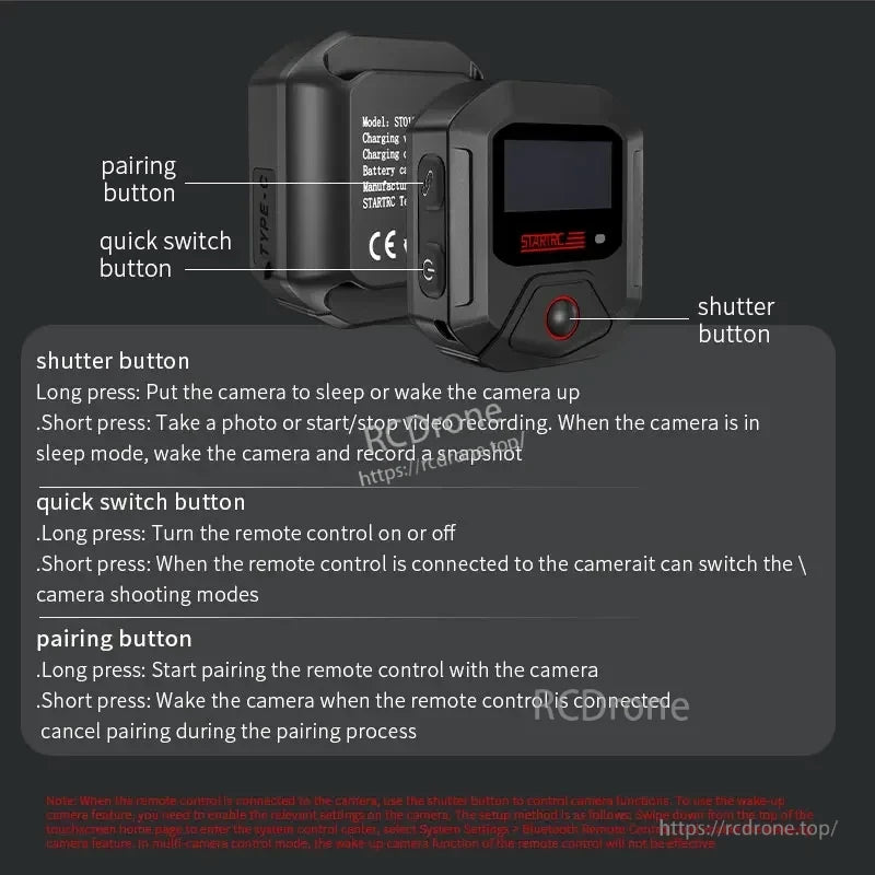 STARTRC GPS Bluetooth Wireless Remote Controller, GPS Bluetooth remote controller features shutter, quick switch, and pairing buttons for power, modes, recording, and camera connectivity.