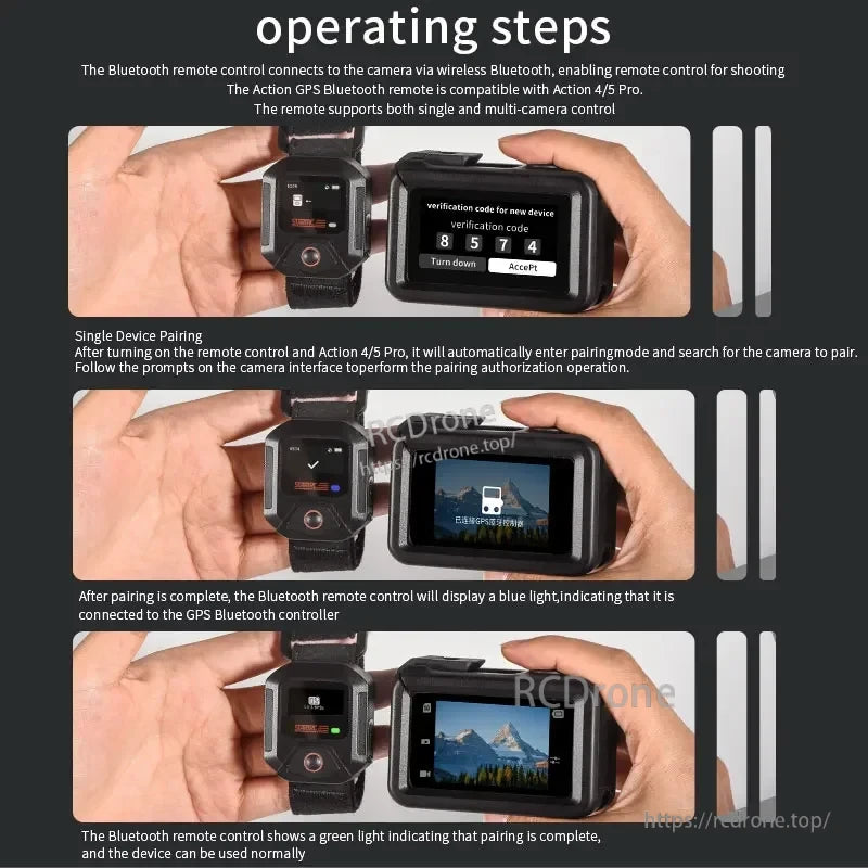 STARTRC GPS Bluetooth Wireless Remote Controller, Bluetooth remote pairs with Action 4/5 Pro via code entry; blue light shows connection, green confirms pairing. Controls one or multiple cameras wirelessly.