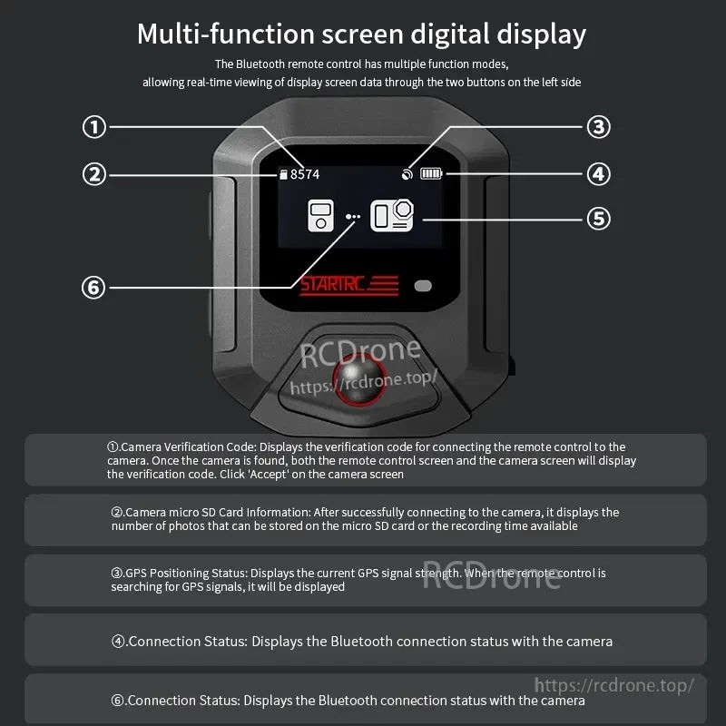 STARTRC GPS Bluetooth Wireless Remote Controller, The STARTRC GPS Bluetooth remote features a digital display, side buttons for real-time data, and a compact design, enhancing functionality and user experience. (24 words)