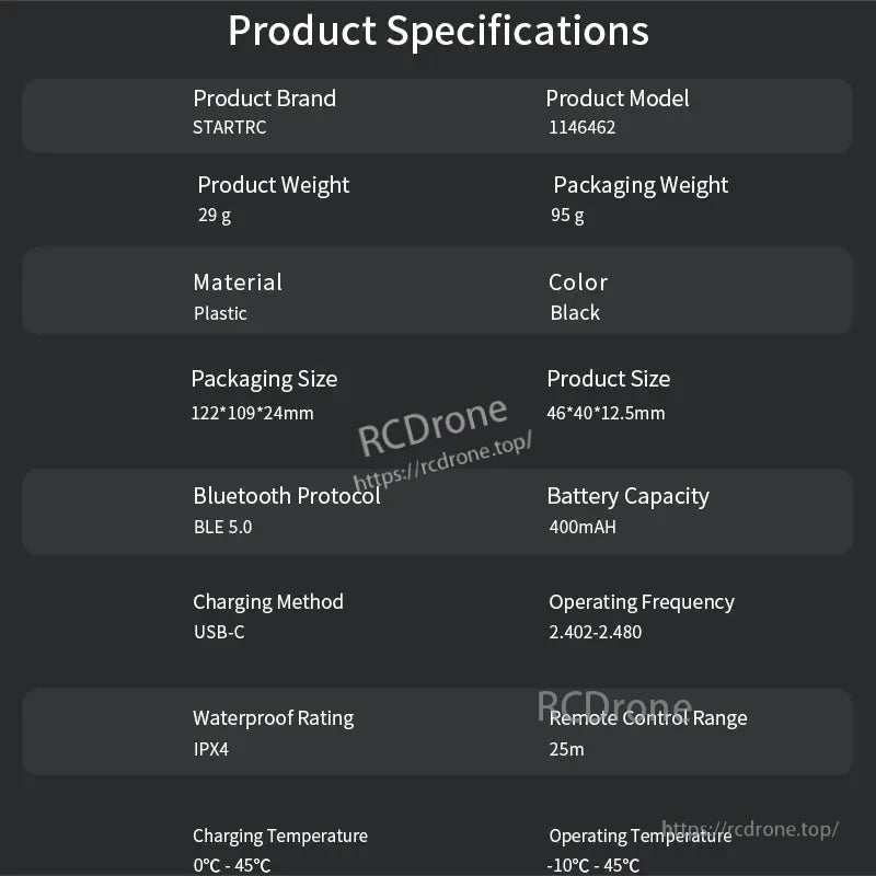 STARTRC GPS Bluetooth Wireless Remote Controller, STARTRC 1146462 is a lightweight, IPX4-rated Bluetooth 5.0 remote with USB-C charging, 400mAh battery, 25m range, and operates in -10°C to 45°C.