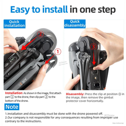 Easy install/remove for DJI Air 3S gimbal protector: attach, clip, press. Use only when drone is off. Warranty void if misused. (24 words)