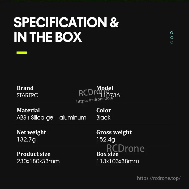 STARTRC Hanging Neck Mount Holder, STARTRC model 1110736: black, ABS+silica gel+aluminum, 132.7g net weight, 230x180x33mm; gross 152.4g, box 113x103x38mm.