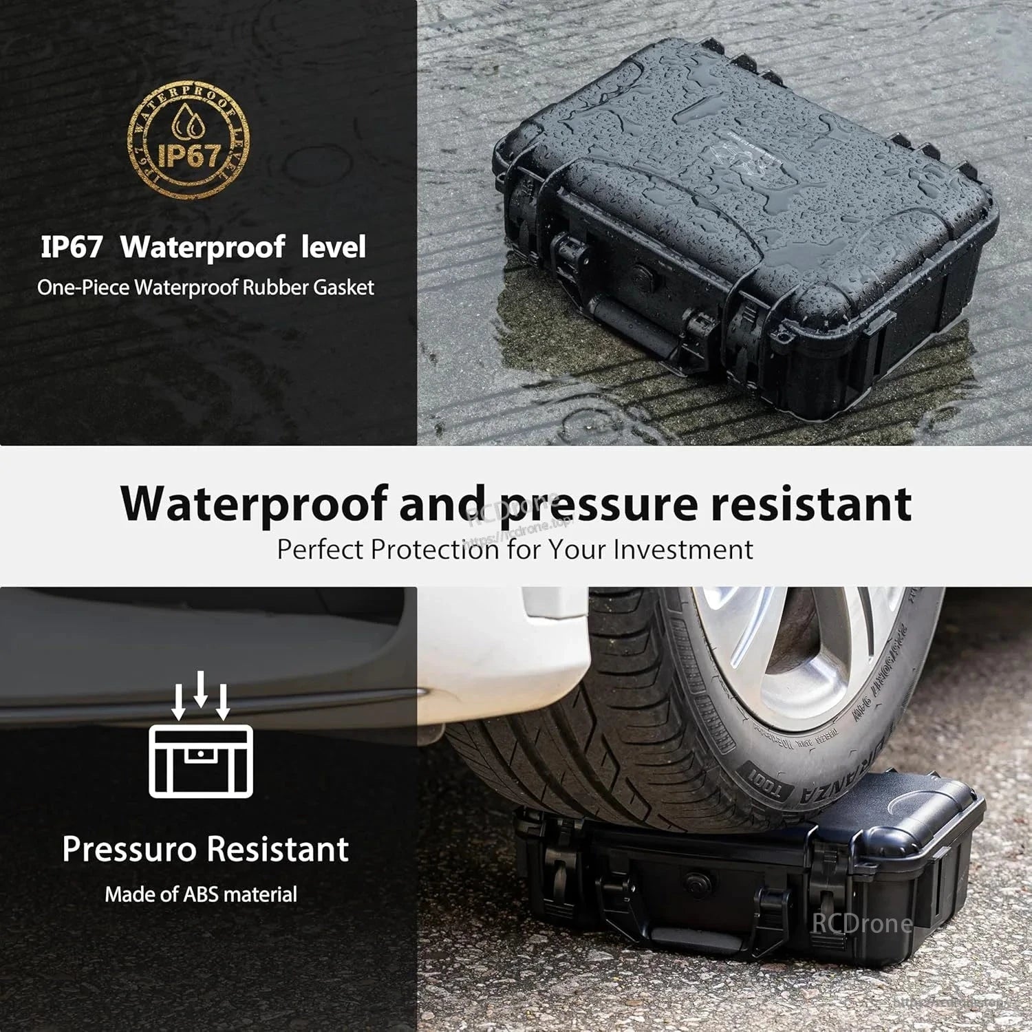 IP67 waterproof with rubber gasket and ABS material, offers pressure-resistant, durable protection for drones and accessories.