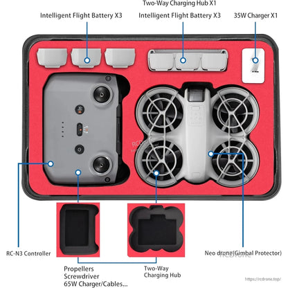 Waterproof hard case for DJI NEO drone, including controller, batteries, chargers, hub, props, screwdriver, and gimbal protector—all-in-one storage.