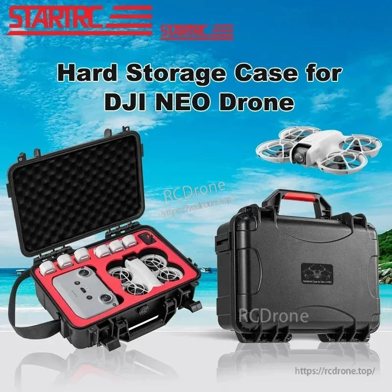 Durable IP67 waterproof hard case for DJI NEO drone, includes batteries and charging hub, ideal for safe transport and protection.