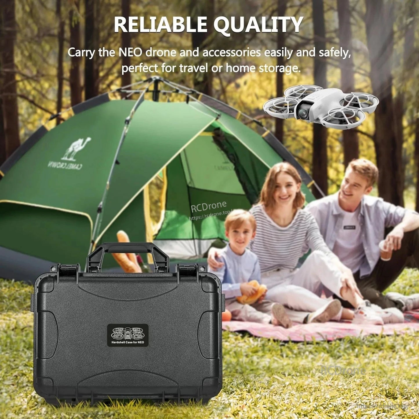 Durable, waterproof hardshell case for NEO drone, batteries, accessories, and charging hub. Portable, compact design ideal for travel and secure storage. (24 words)