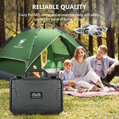 Durable, waterproof hardshell case for NEO drone, batteries, accessories, and charging hub. Portable, compact design ideal for travel and secure storage. (24 words)